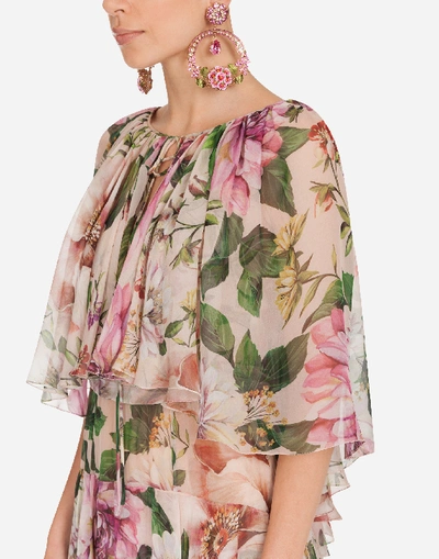 Shop Dolce & Gabbana Long Rose-print Chiffon Dress With Cape In Floral Print