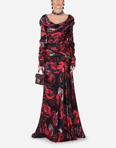 Shop Dolce & Gabbana Rose Print Charmeuse Long Dress