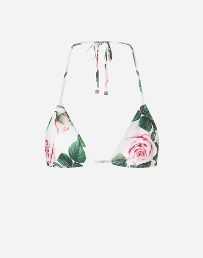 Shop Dolce & Gabbana Triangle Bikini Top With Tropical Rose Print In Floral Print