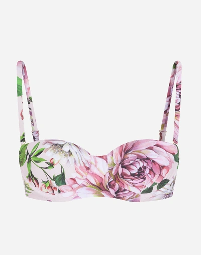 Shop Dolce & Gabbana Bikini Top With Balcony Neckline And Floral Rose Print In Floral Print