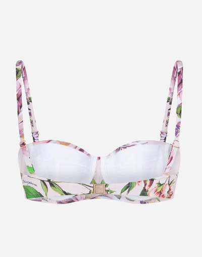 Shop Dolce & Gabbana Bikini Top With Balcony Neckline And Floral Rose Print In Floral Print