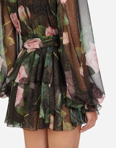 Shop Dolce & Gabbana Short Tropical Rose Print Chiffon Lamé Dress In Floral Print