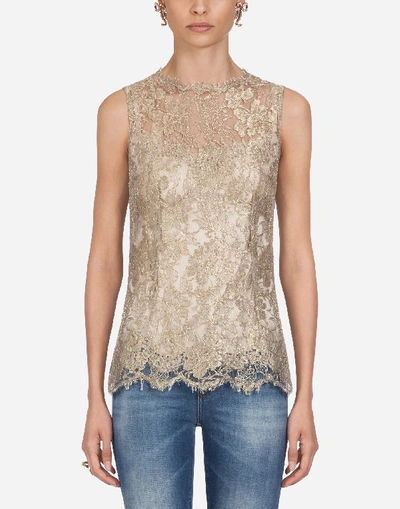 Shop Dolce & Gabbana Chantilly Lamé Lace Top In Gold