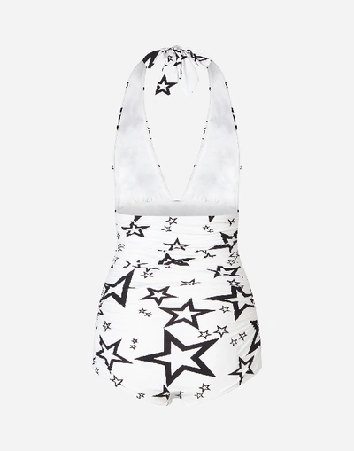 Shop Dolce & Gabbana Millennials Star Print Swimsuit With Plunging Neckline In Cream