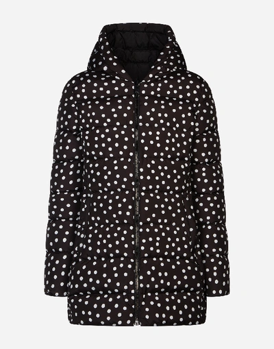 Shop Dolce & Gabbana Fitted Down Jacket With Hood And Polka Dot Print In Black