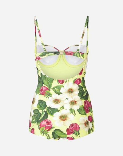 Shop Dolce & Gabbana Swimsuit With Balcony Neckline And Small Rose Print In Floral Print