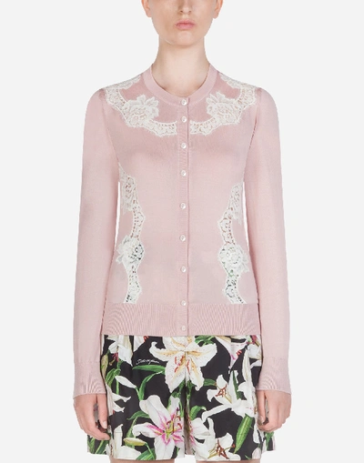 Shop Dolce & Gabbana Cashmere And Silk Cardigan With Lace Details In Pink