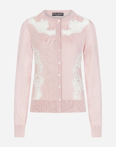 Shop Dolce & Gabbana Cashmere And Silk Cardigan With Lace Details In Pink