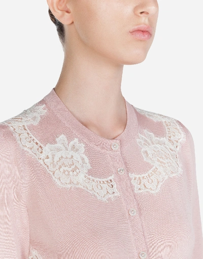 Shop Dolce & Gabbana Cashmere And Silk Cardigan With Lace Details In Pink