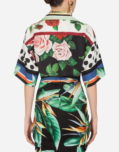 Shop Dolce & Gabbana Oversized Short-sleeved Shirt In Twill With Flower And Parrot Print In Multicolored