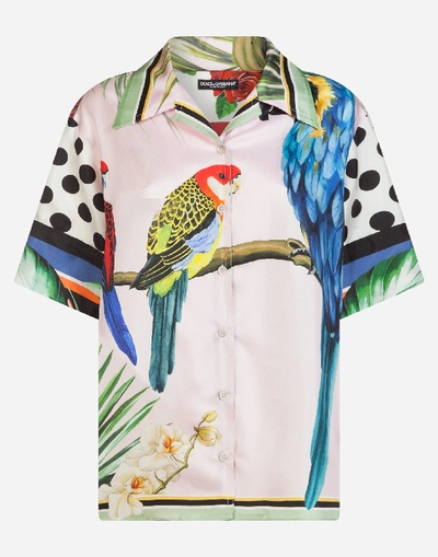 Shop Dolce & Gabbana Oversized Short-sleeved Shirt In Twill With Flower And Parrot Print In Multicolored