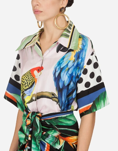 Shop Dolce & Gabbana Oversized Short-sleeved Shirt In Twill With Flower And Parrot Print In Multicolored