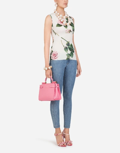 Shop Dolce & Gabbana Sleeveless Tropical Rose Print Charmeuse Top In Floral Print