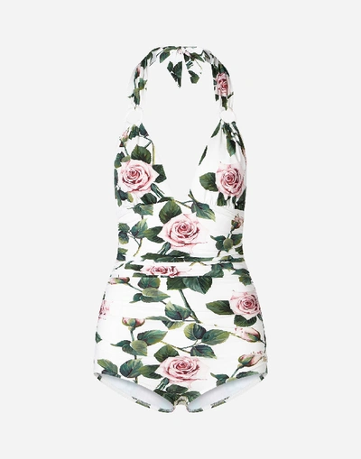 Shop Dolce & Gabbana Tropical Rose Print Swimsuit With Rings And Plunging Neckline In Floral Print