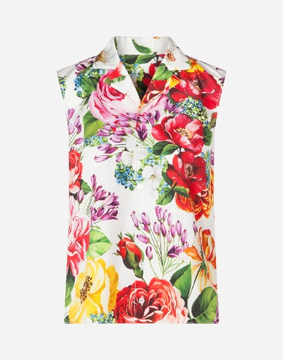 Shop Dolce & Gabbana Sleeveless Poplin Shirt With Mixed Floral Print