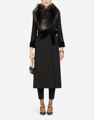 Shop Dolce & Gabbana Long Wool Jacket With Fur Collar