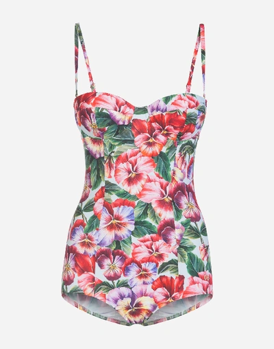 Shop Dolce & Gabbana Full Swimsuit With Balcony Neckline And Violet Print In Floral Print