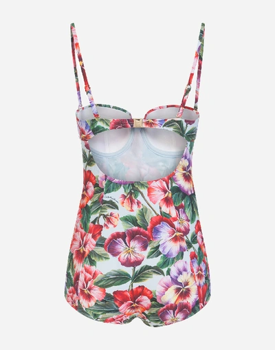 Shop Dolce & Gabbana Full Swimsuit With Balcony Neckline And Violet Print In Floral Print