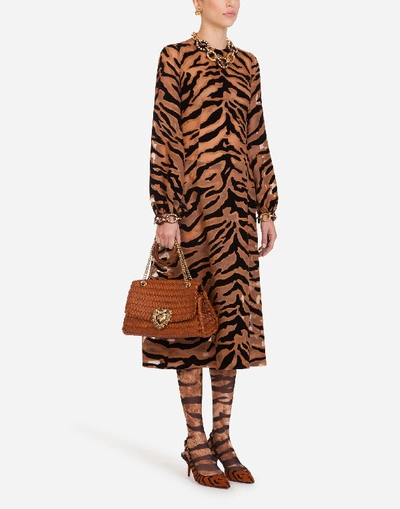 Shop Dolce & Gabbana Longuette Dress In Organza With Flocked Tiger Print In Animal Print
