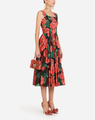 Shop Dolce & Gabbana Midi Dress In Poplin With Laceleaf Print In Floral Print
