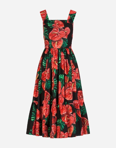 Shop Dolce & Gabbana Midi Dress In Poplin With Laceleaf Print In Floral Print