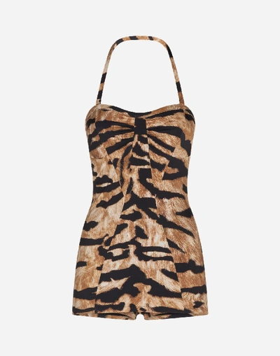 Shop Dolce & Gabbana One-piece Swimsuit With Tiger Print In Animal Print