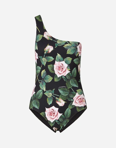 Shop Dolce & Gabbana One-shoulder Tropical Rose Print Swimsuit In Floral Print