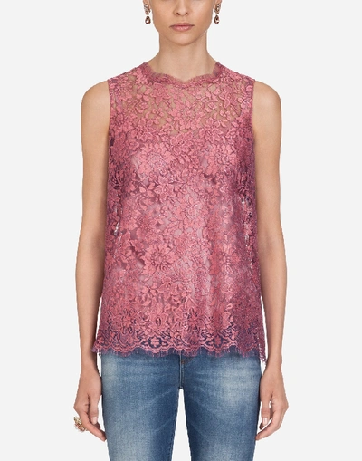 Shop Dolce & Gabbana Chantilly Lamé Lace Top In Fuchsia