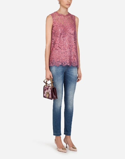 Shop Dolce & Gabbana Chantilly Lamé Lace Top In Fuchsia