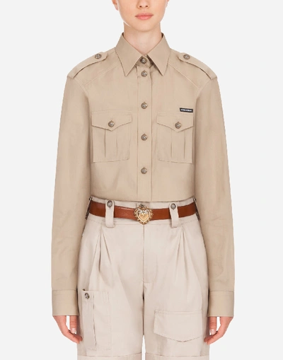 Shop Dolce & Gabbana Oversize Poplin Safari Shirt In Beige