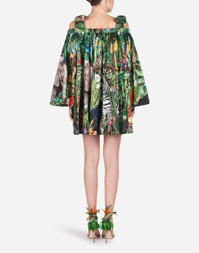 Shop Dolce & Gabbana Short Poplin Dress With Braces And Jungle Print In Multicolored