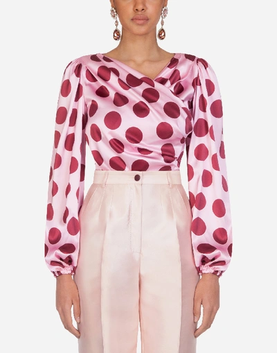Shop Dolce & Gabbana Large Polka-dot Print Satin Top In Pink