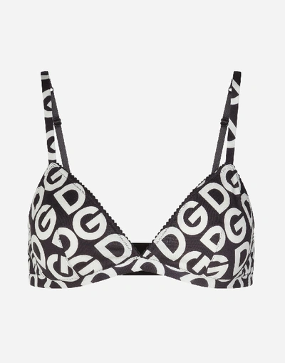 Shop Dolce & Gabbana Cotton Triangle Bra With All-over Dg Logo Print In Multicolored