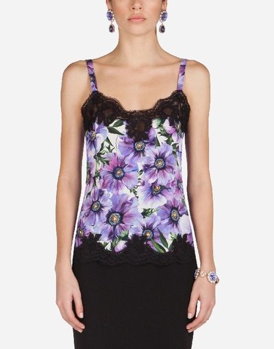 Shop Dolce & Gabbana Satin Lingerie Top With Lace And Anemone Print In Floral Print