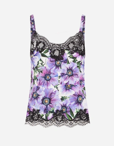 Shop Dolce & Gabbana Satin Lingerie Top With Lace And Anemone Print In Floral Print