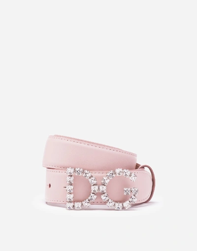 Shop Dolce & Gabbana Calfskin Belt With Dg Crystal Logo In Pink