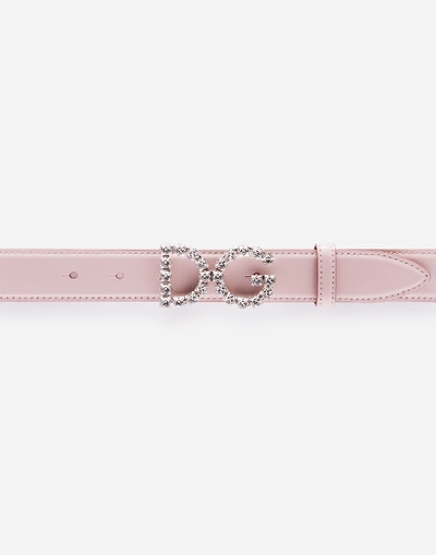 Shop Dolce & Gabbana Calfskin Belt With Dg Crystal Logo In Pink