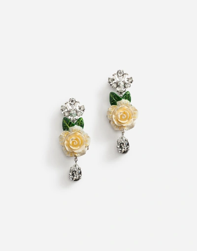 Shop Dolce & Gabbana Drop Earrings With Roses In Silver