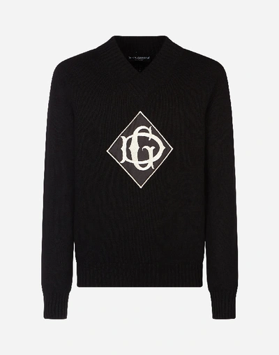 Shop Dolce & Gabbana Wool V-neck Sweater With Patch In Black