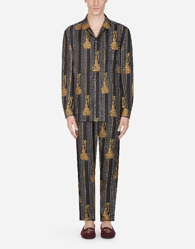 Shop Dolce & Gabbana Pajama Shirt In Printed Silk In Black