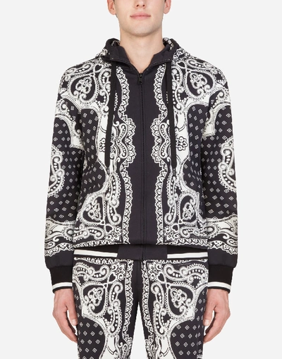 Shop Dolce & Gabbana Zip-up Hoodie In Bandana Print In Black