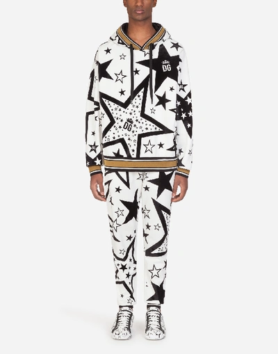 Shop Dolce & Gabbana Jersey Hoodie With Flocked Star Print In Cream