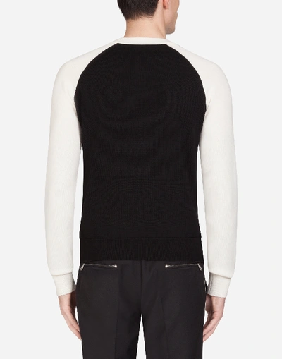 Shop Dolce & Gabbana Two-tone Crew Neck Virgin Wool Sweater With Patch