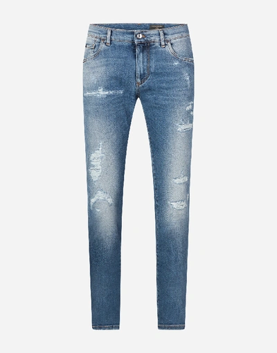 Shop Dolce & Gabbana Slim-fit Stretch Jeans With Patch In Azure