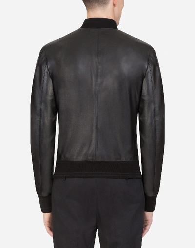 Shop Dolce & Gabbana Leather Jacket With Branded Tag In Black