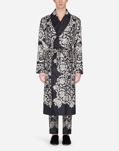 Shop Dolce & Gabbana Printed Silk Robe In Black