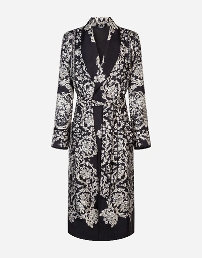 Shop Dolce & Gabbana Printed Silk Robe In Black