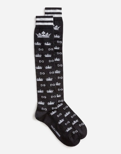 Shop Dolce & Gabbana Cotton/cashmere Jacquard Socks With Dg Logo And Crowns In Black