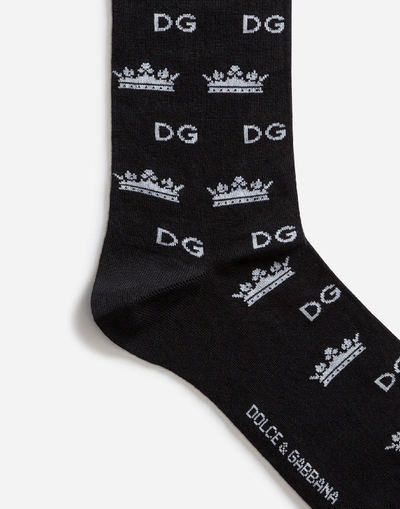 Shop Dolce & Gabbana Cotton/cashmere Jacquard Socks With Dg Logo And Crowns In Black