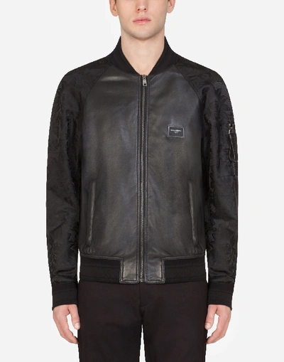 Shop Dolce & Gabbana Leather Jacket With Logoed Plaque In Black